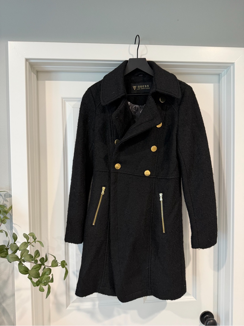 Guess Black Double-Breasted Pea Coat with Gold Hardware